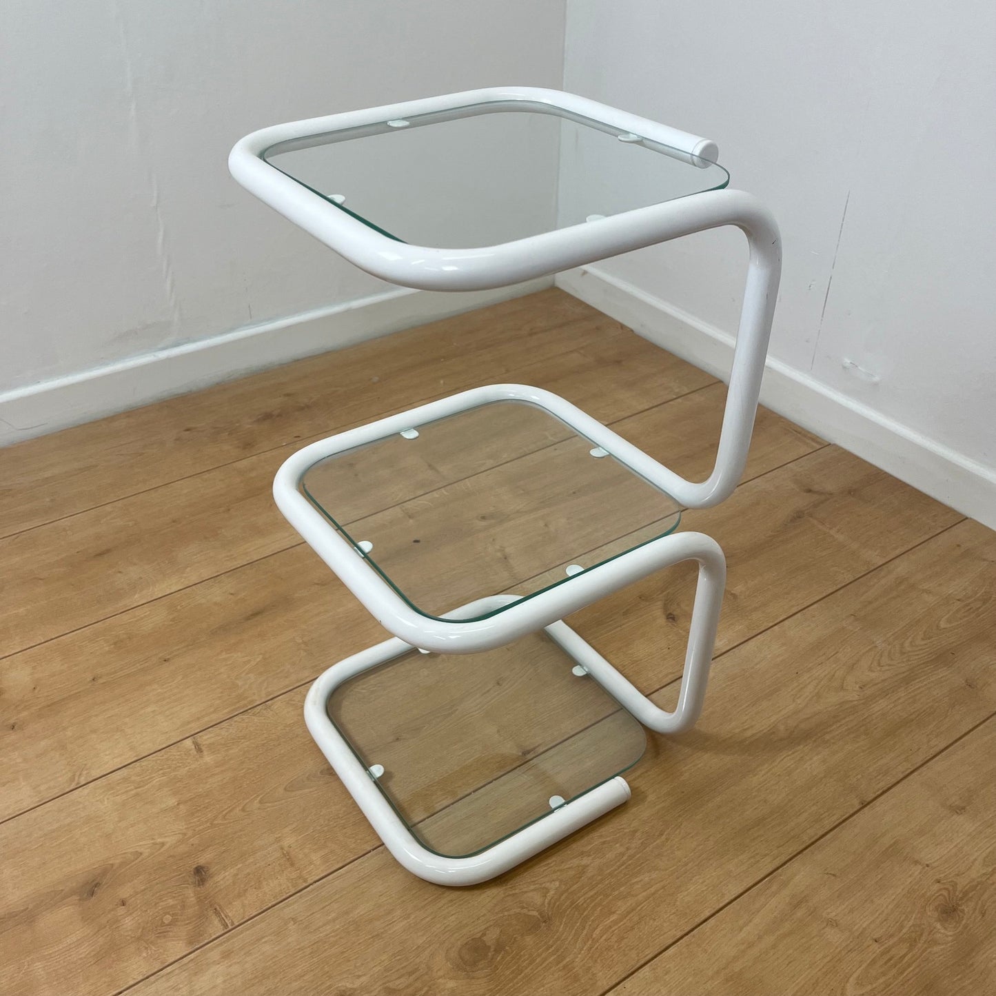 Vintage white tubular metal and glass side table, 1980s modernist design