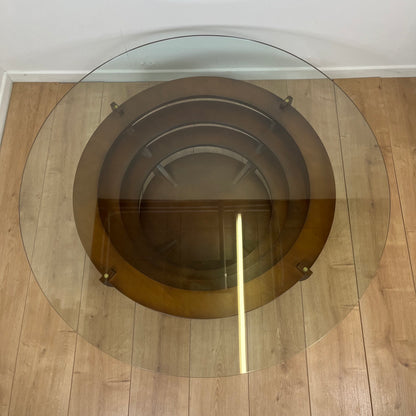Table basse sculpturale à anneaux concentriques, verre et bois, circa 1985