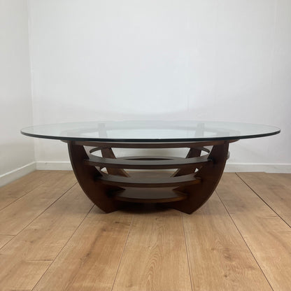 Table basse sculpturale à anneaux concentriques, verre et bois, circa 1985