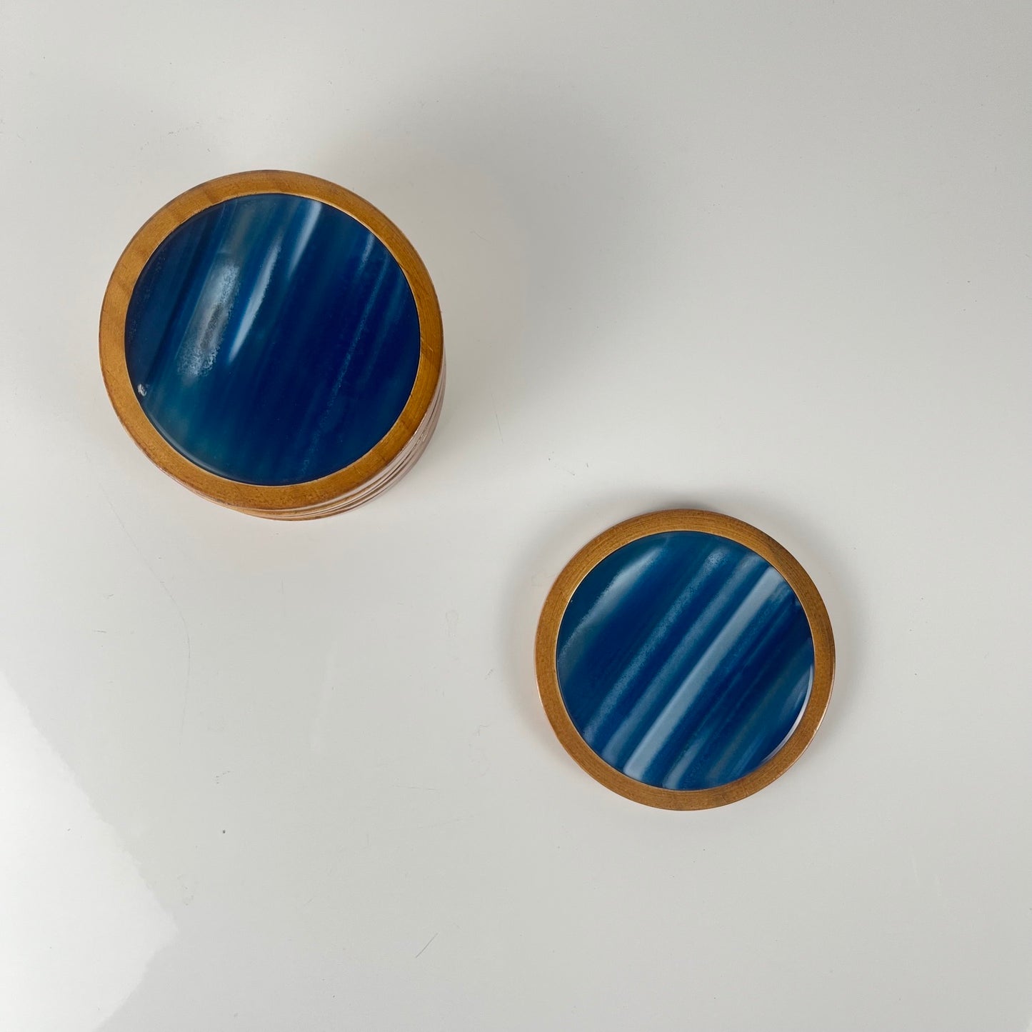 Set de 6 dessous de verre en Agate bleu et bois, Midcentury modern
