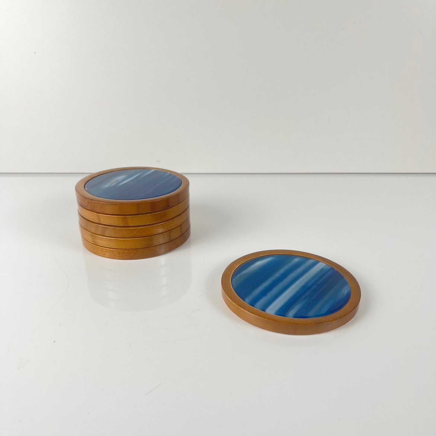 Set de 6 dessous de verre en Agate bleu et bois, Midcentury modern