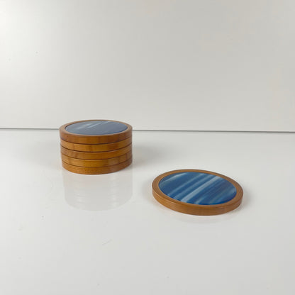 Set de 6 dessous de verre en Agate bleu et bois, Midcentury modern