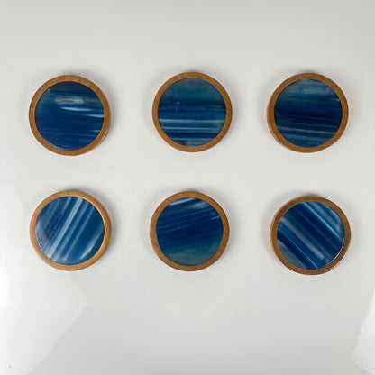 Set de 6 dessous de verre en Agate bleu et bois, Midcentury modern
