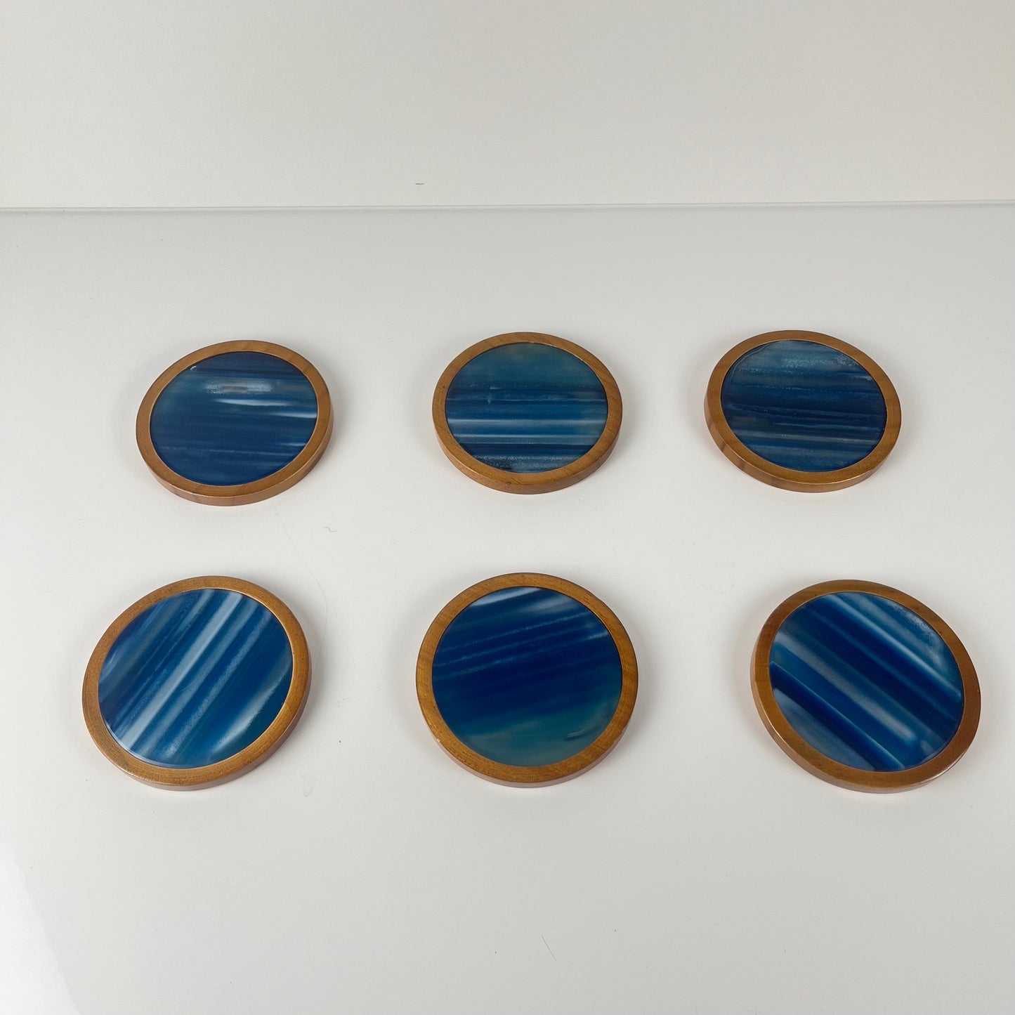 Set de 6 dessous de verre en Agate bleu et bois, Midcentury modern