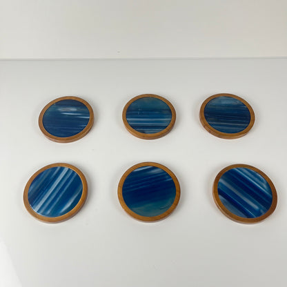 Set de 6 dessous de verre en Agate bleu et bois, Midcentury modern