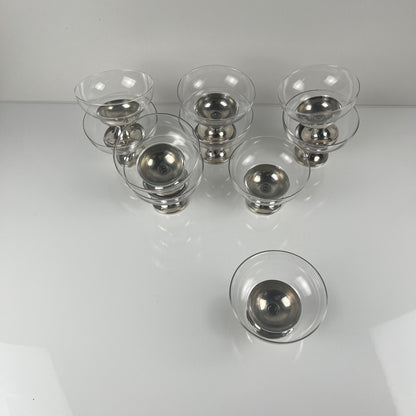 Set of 10 dessert/ice cream cups, in glass and metal (silver-plated?), 1970