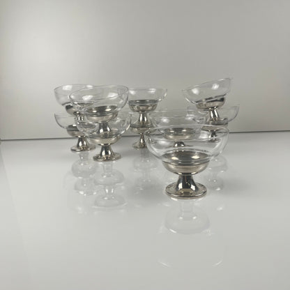Set of 10 dessert/ice cream cups, in glass and metal (silver-plated?), 1970