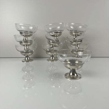 Set of 10 dessert/ice cream cups, in glass and metal (silver-plated?), 1970