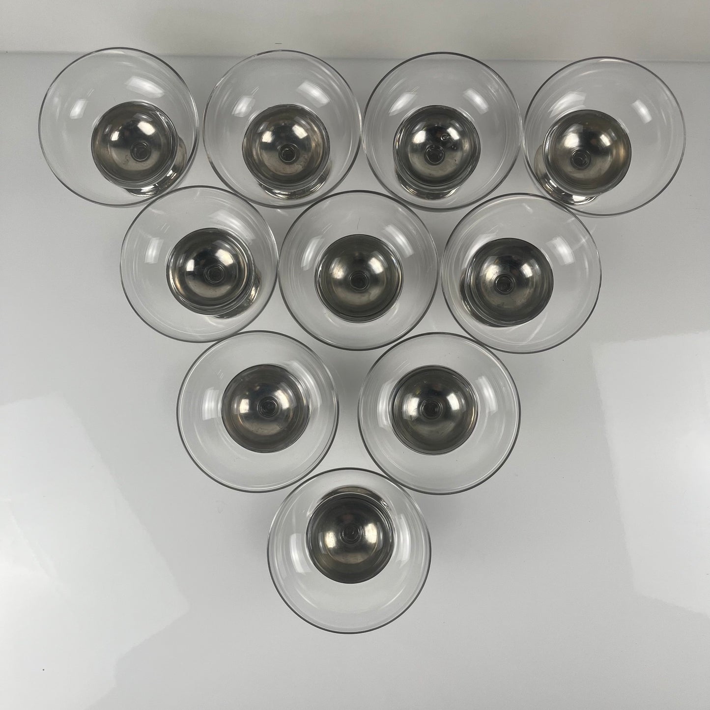 Set of 10 dessert/ice cream cups, in glass and metal (silver-plated?), 1970