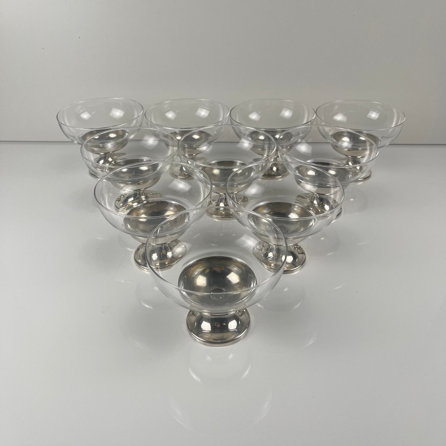 Set of 10 dessert/ice cream cups, in glass and metal (silver-plated?), 1970