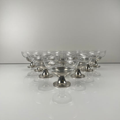 Set of 10 dessert/ice cream cups, in glass and metal (silver-plated?), 1970