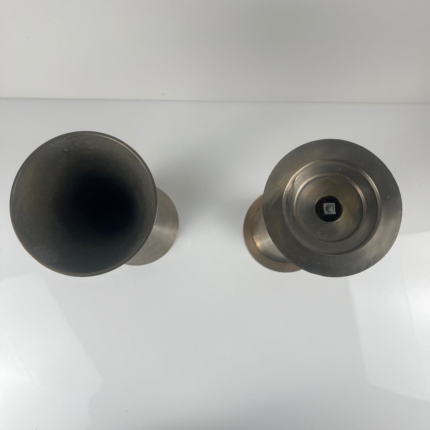 Rare Postmodern - Memphis Style Hourglass-shaped Bell and Candlestick Duo in Metal, 1980
