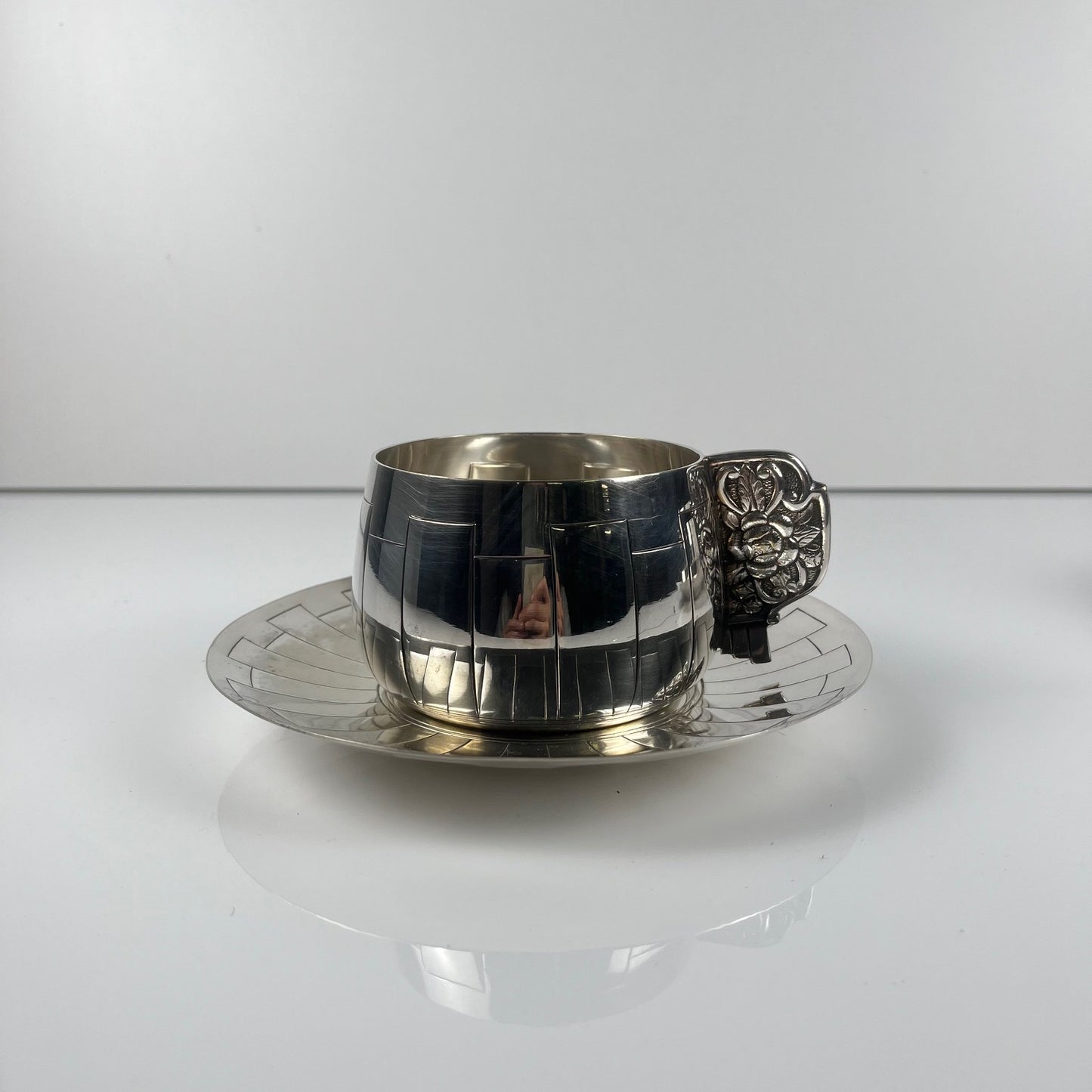 Art Deco silver-plated cup and saucer set, Corbière & Vuillermoz (attributed), France, circa 1920/30s.