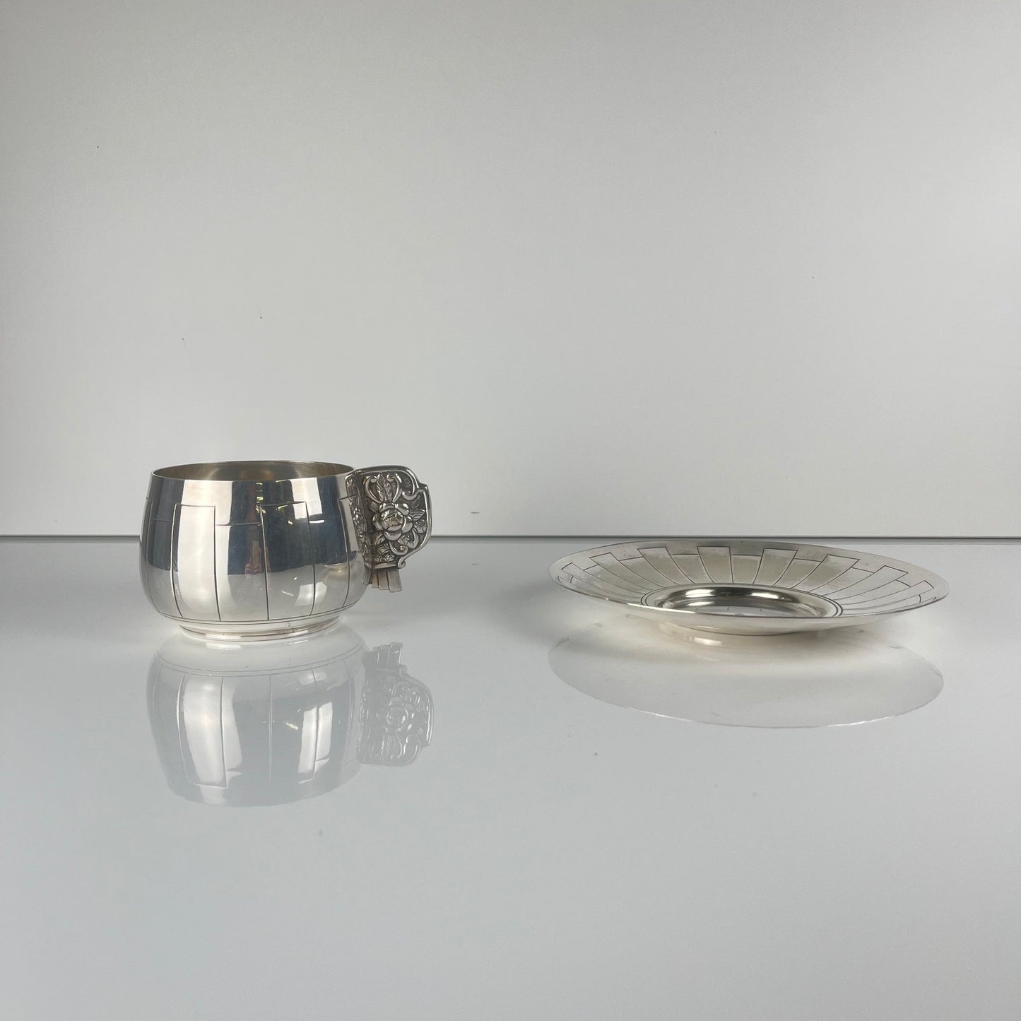 Art Deco silver-plated cup and saucer set, Corbière & Vuillermoz (attributed), France, circa 1920/30s.