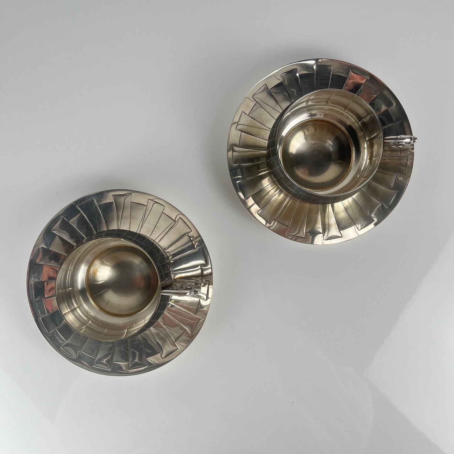 Art Deco silver-plated cup and saucer set, Corbière & Vuillermoz (attributed), France, circa 1920/30s.