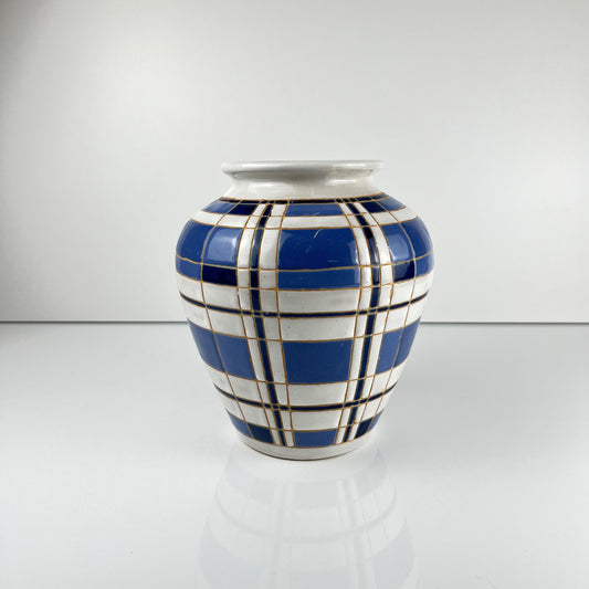 Vase vintage années 50 faïence émaillée décor géométrique bleu et blanc