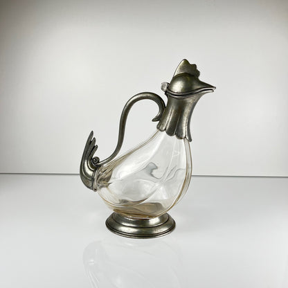 Aiguière Zoomorphe coq en verre et étain, style Art Déco, vers 1930-1950