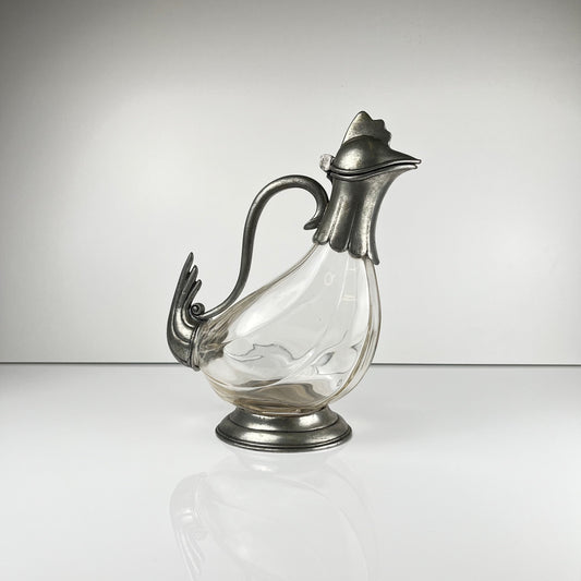 Aiguière Zoomorphe coq en verre et étain, style Art Déco, vers 1930-1950