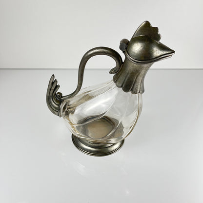 Aiguière Zoomorphe coq en verre et étain, style Art Déco, vers 1930-1950