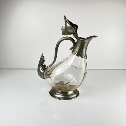 Aiguière Zoomorphe coq en verre et étain, style Art Déco, vers 1930-1950