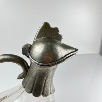 Aiguière Zoomorphe coq en verre et étain, style Art Déco, vers 1930-1950