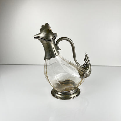 Aiguière Zoomorphe coq en verre et étain, style Art Déco, vers 1930-1950