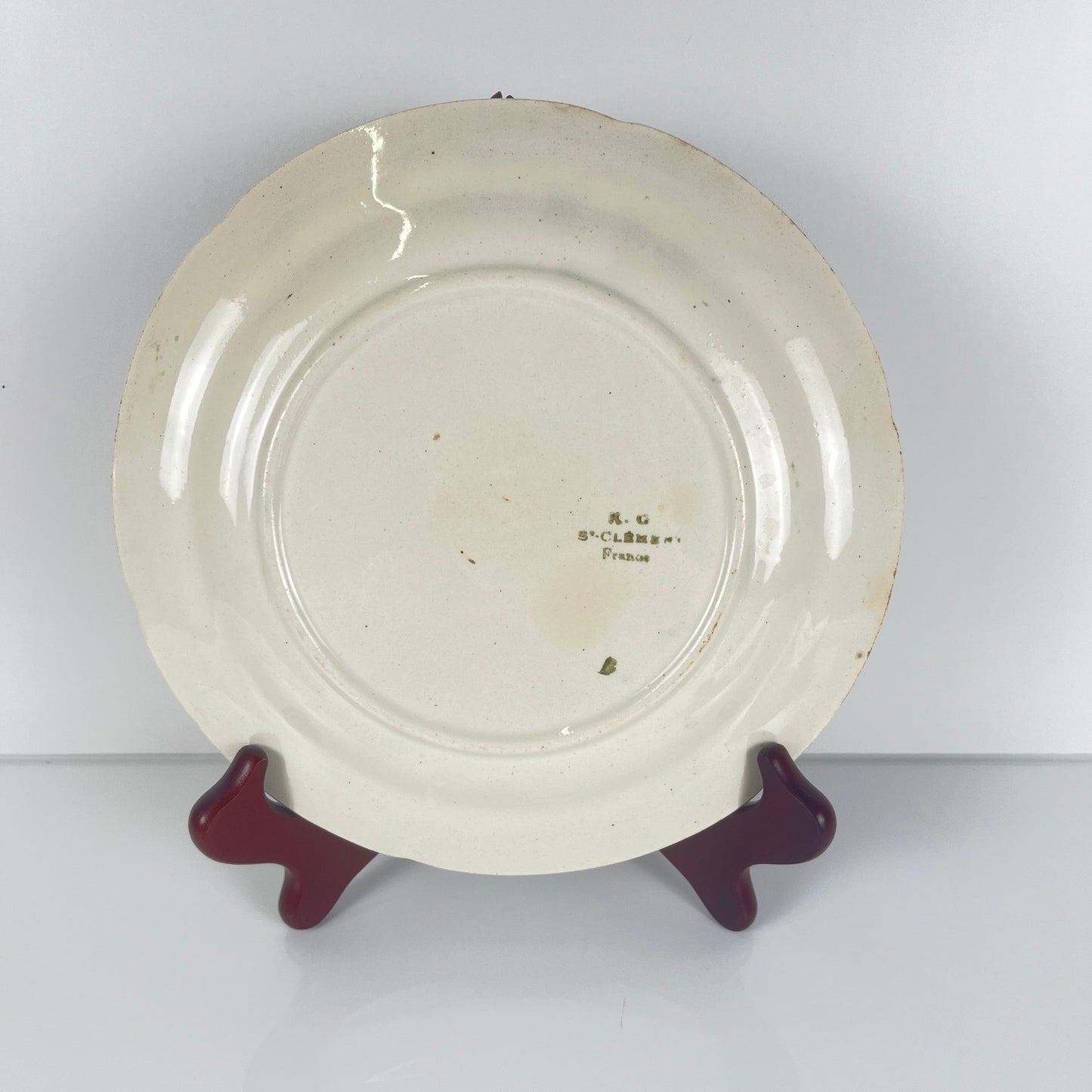 Set of 4 KG St Clément barbotine fruit plates (cherry, mirabelle plum, grape, pear), late 19th-early 20th century