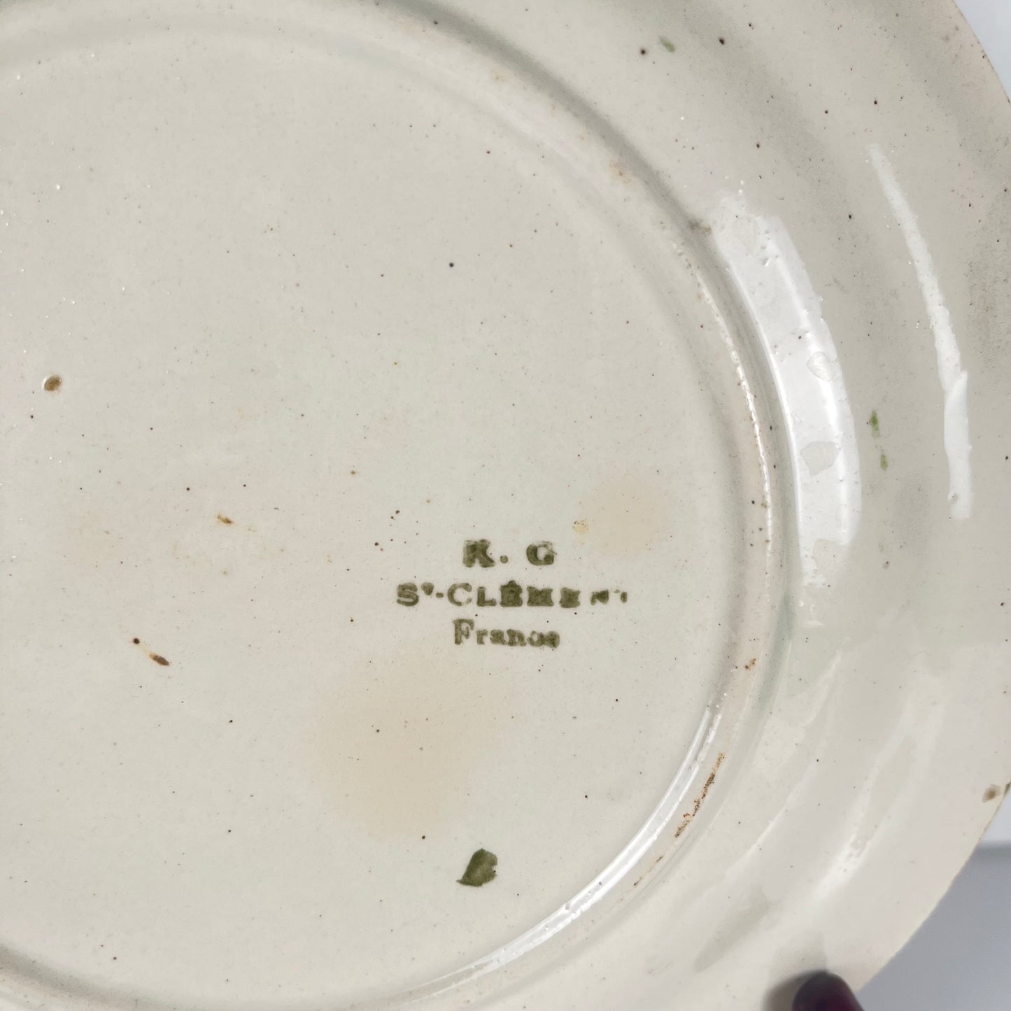 Set of 4 KG St Clément barbotine fruit plates (cherry, mirabelle plum, grape, pear), late 19th-early 20th century