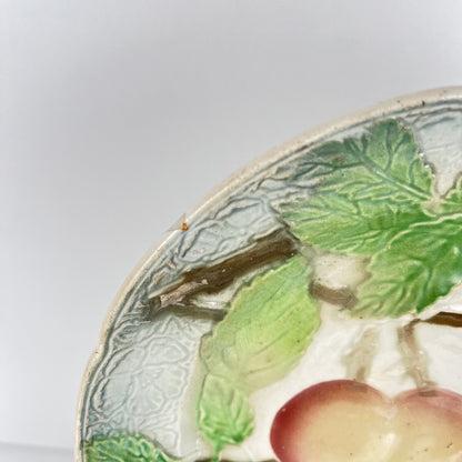 Set of 4 KG St Clément barbotine fruit plates (cherry, mirabelle plum, grape, pear), late 19th-early 20th century
