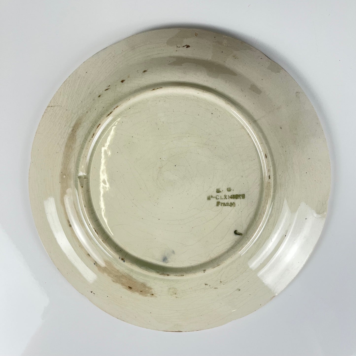 Set of 4 KG St Clément barbotine fruit plates (cherry, mirabelle plum, grape, pear), late 19th-early 20th century