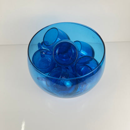9-person punch set, Biot style, cobalt blue bubble glass, 1970s