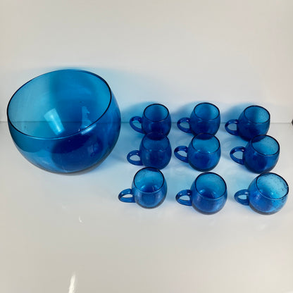 9-person punch set, Biot style, cobalt blue bubble glass, 1970s