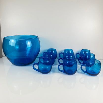 9-person punch set, Biot style, cobalt blue bubble glass, 1970s