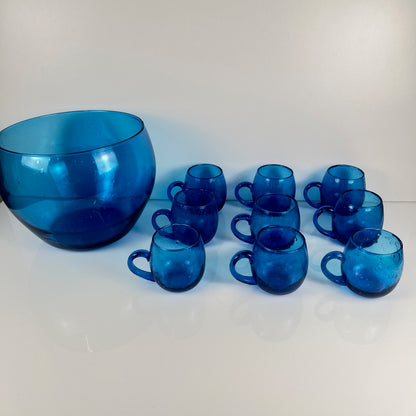 9-person punch set, Biot style, cobalt blue bubble glass, 1970s