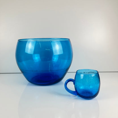 9-person punch set, Biot style, cobalt blue bubble glass, 1970s