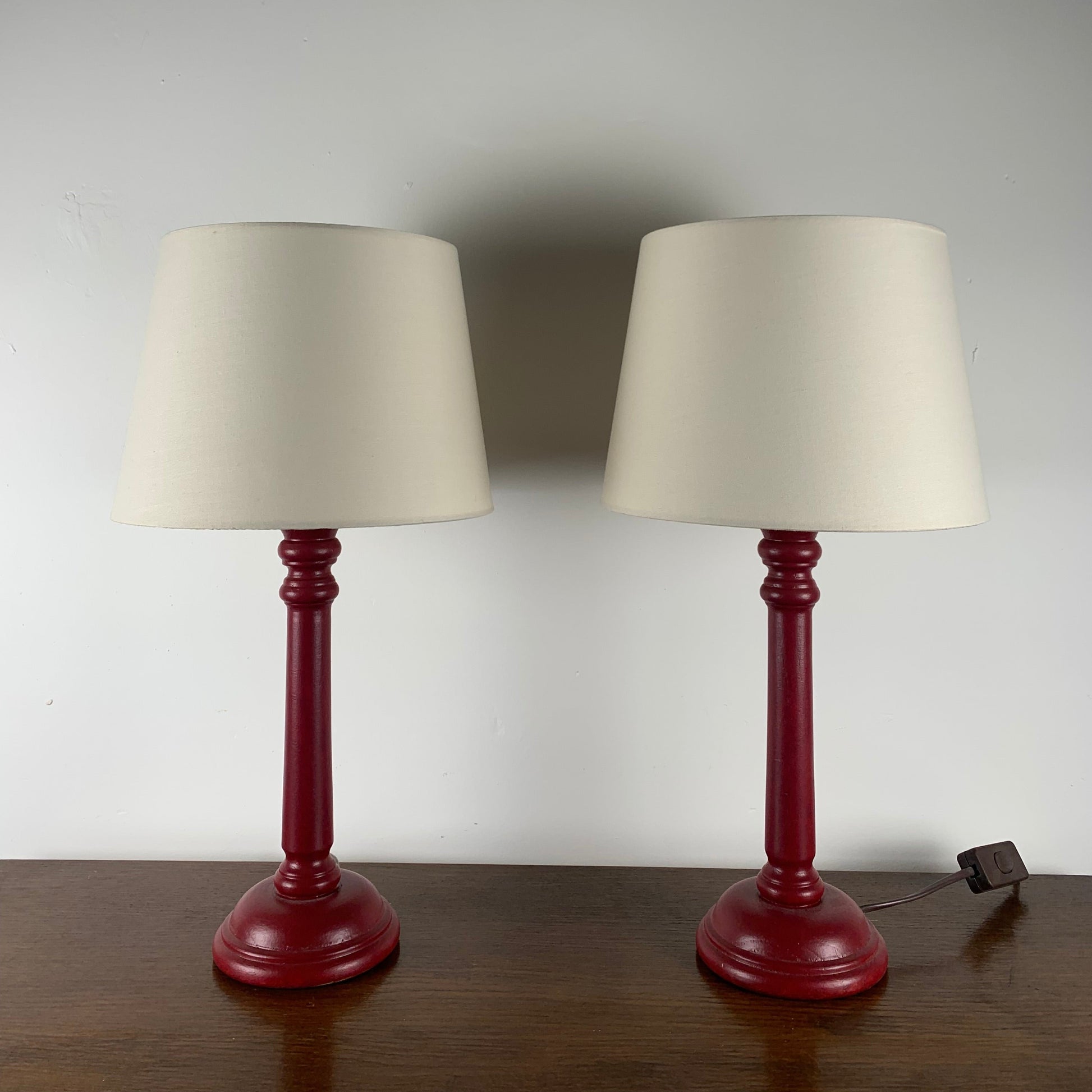 Duo of burgundy-colored wooden bedside lamps – Beyond The Dust
