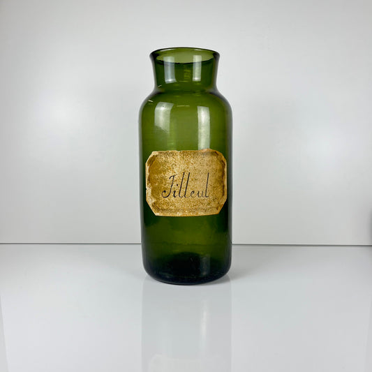Grand flacon apothicaire ancien en verre soufflé vert bouteille