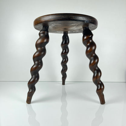Antique solid wood stool with twisted legs, early 20th century