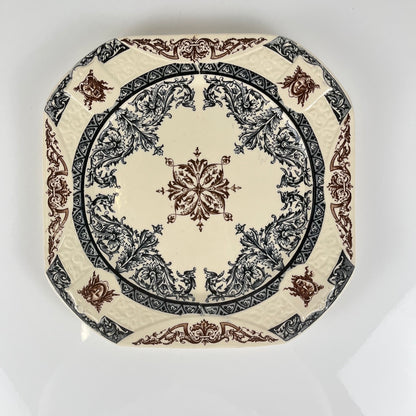 Longchamp "Diane" pattern square dish / platter, polychrome earthenware, late 19th century.
