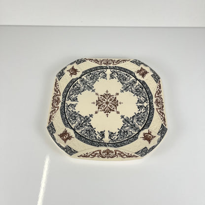 Longchamp "Diane" pattern square dish / platter, polychrome earthenware, late 19th century.