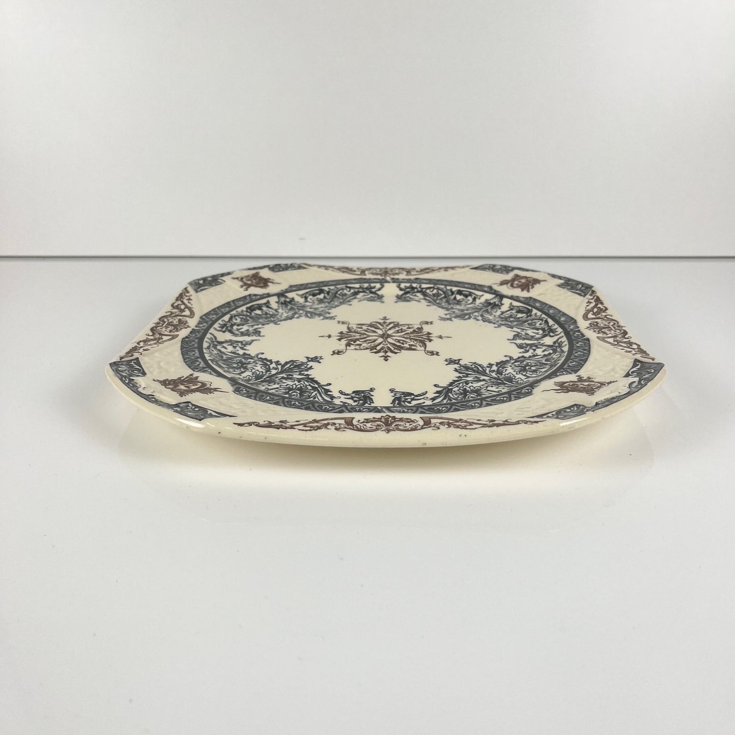 Longchamp "Diane" pattern square dish / platter, polychrome earthenware, late 19th century.