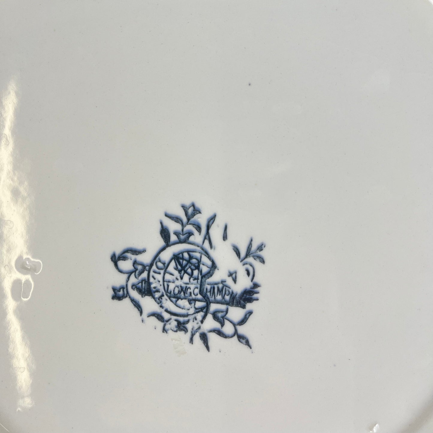 Longchamp "Diane" pattern square dish / platter, polychrome earthenware, late 19th century.
