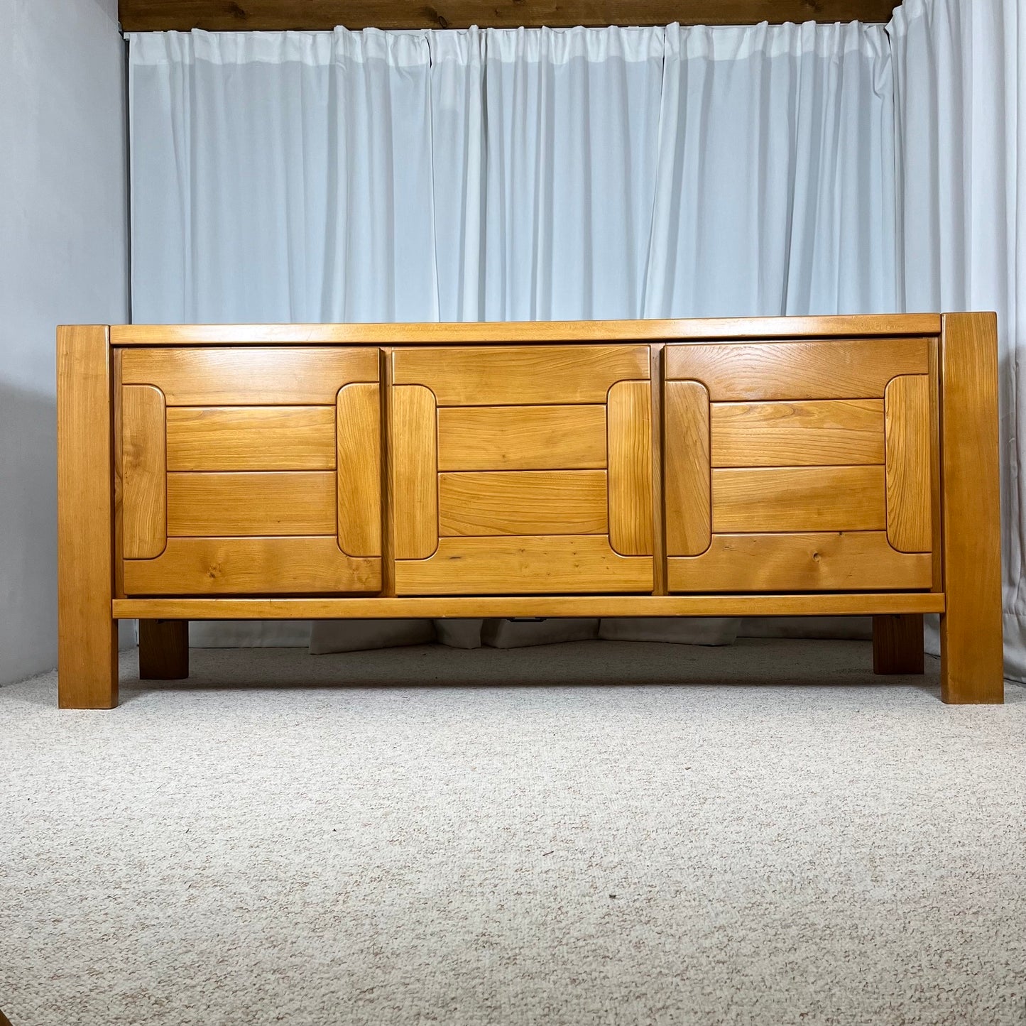 Large French solid elm enfilade, 1970, attributed to Atelier Chauvin