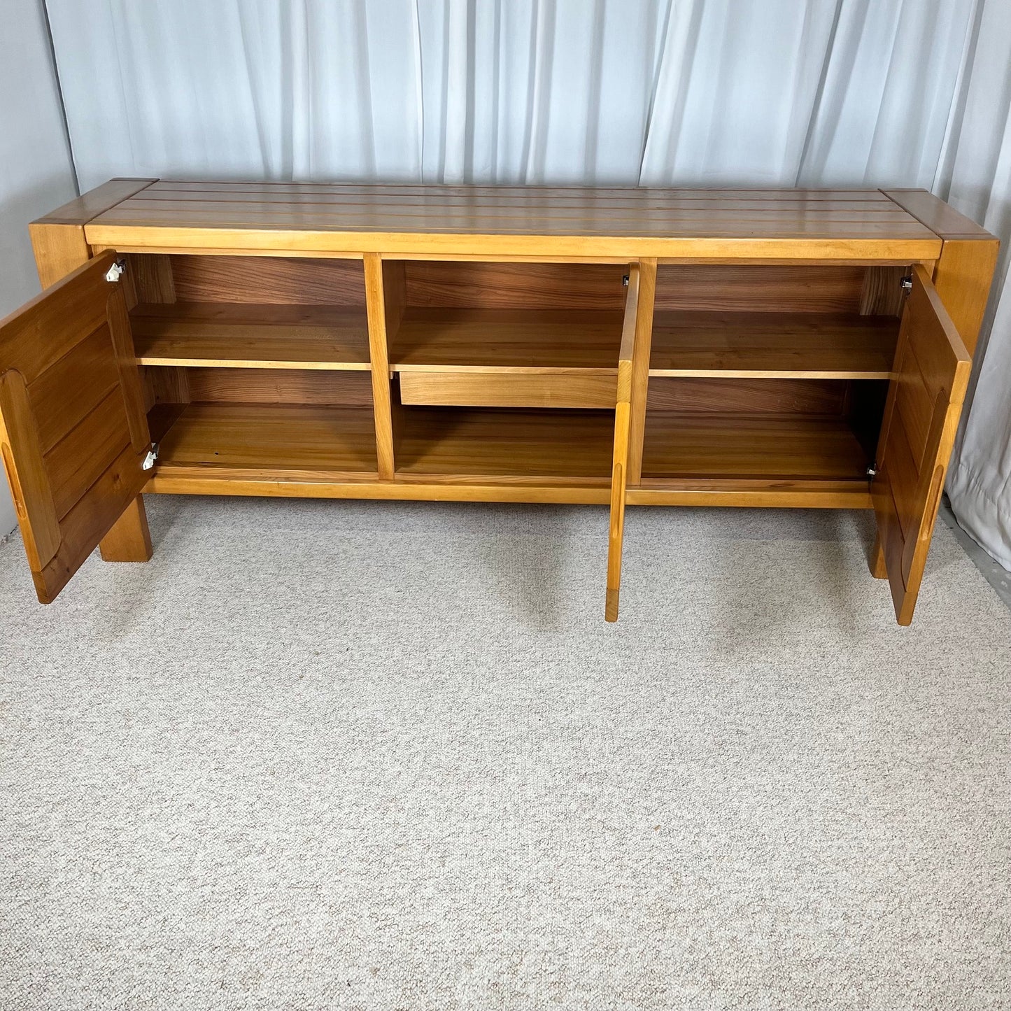 Large French solid elm enfilade, 1970, attributed to Atelier Chauvin