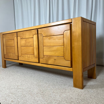 Large French solid elm enfilade, 1970, attributed to Atelier Chauvin