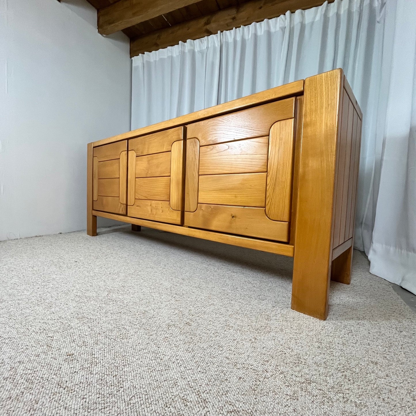Large French solid elm enfilade, 1970, attributed to Atelier Chauvin