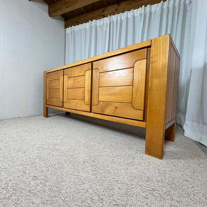 Large French solid elm enfilade, 1970, attributed to Atelier Chauvin