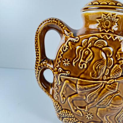 Decorative earthenware teapot/jug with Saint George and the dragon design, Eastern Europe, 1950–1970