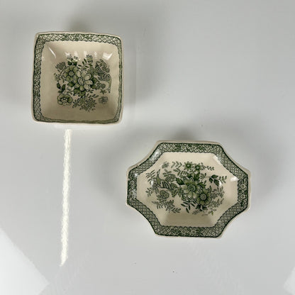 Pair of Mason's Ironstone trinket trays / soap dishes, "Stratford" green decor, England, 1970