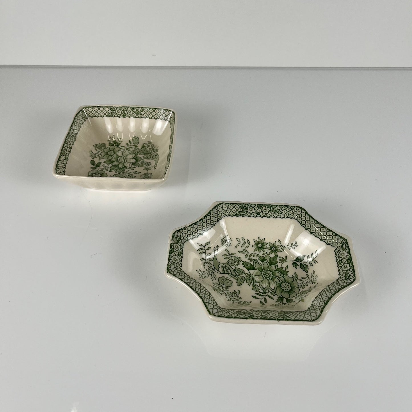 Pair of Mason's Ironstone trinket trays / soap dishes, "Stratford" green decor, England, 1970